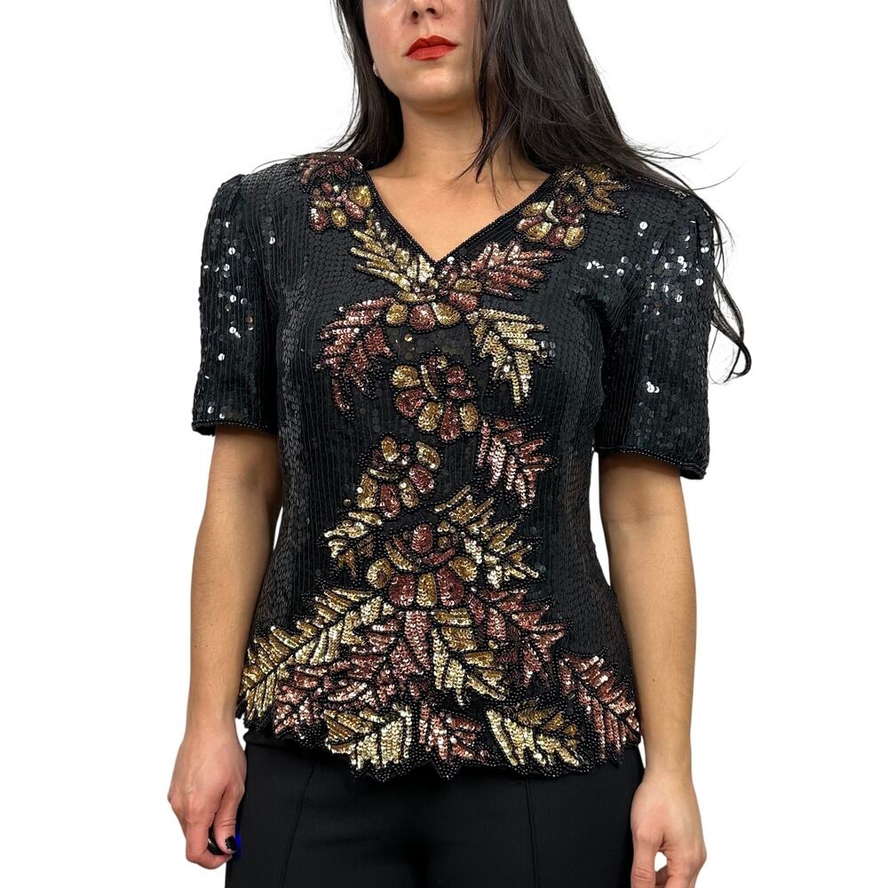 Stenay Vintage Silk Black Fall Leaf Pattern Sequin & Beaded Blouse